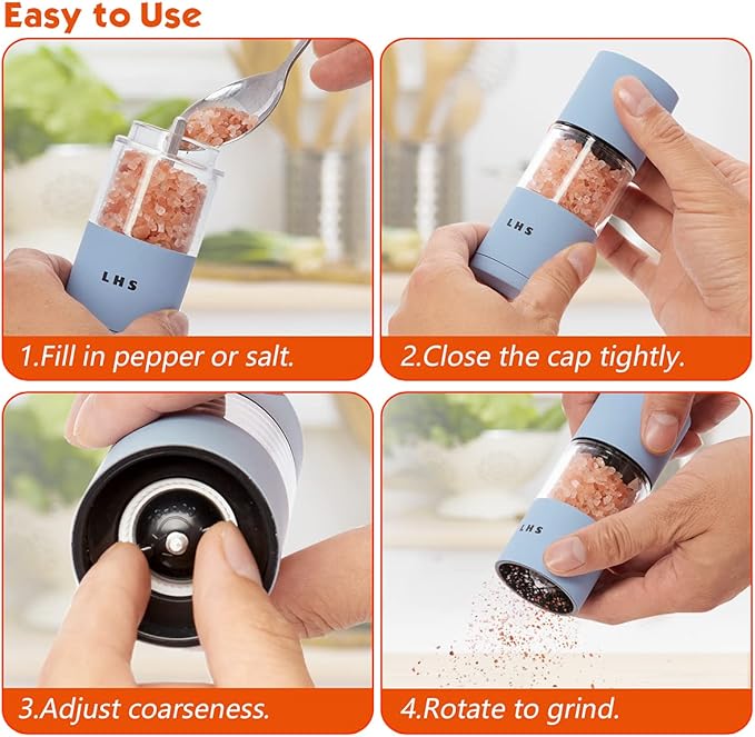 LHS Premium Salt and Pepper Grinder Set, Stainless Steel Salt Pepper Mill Set, Refillable Pepper Seasoning Mills with Adjustable Coarseness for Kitchen Use - 4.6 Inches(2-Pack, Orange & Blue)