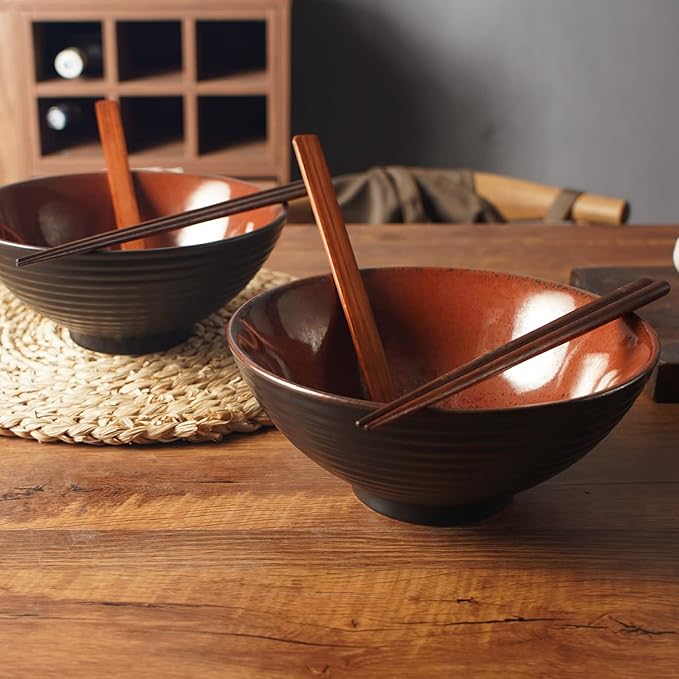 Ceramic Japanese Style Ramen Bowl Set with Chopsticks,8 inch 40 oz Pho Bowls & Asian Soup Bowl and Spoons Set for Udon Noodle,Soba,Miso Soup,Set of 2 (red)