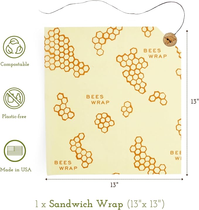Bee's Wrap Beeswax Wraps for Food - Honeycomb Sandwich Wrap - Made in USA Reusable Bread Bags - Organic & Eco-Friendly Alternative to Aluminum Foil, Sandwich Bags & Plastic Wrap