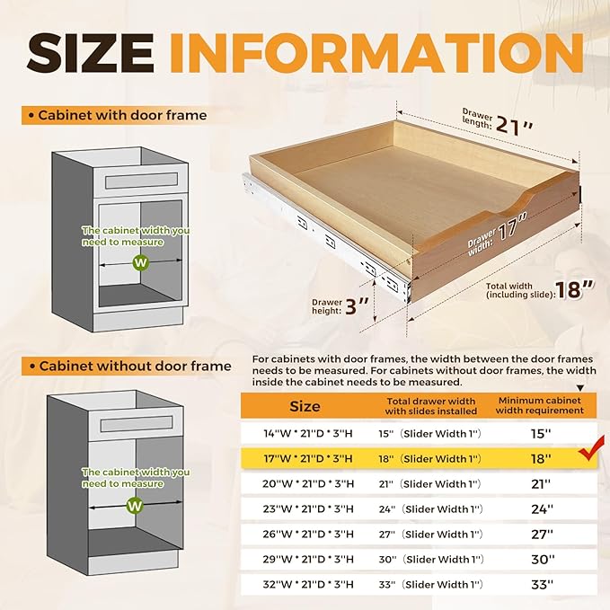 Pull Out Drawers for Cabinet18"W x 22"D x 3"H Wood Slide Out Cabinet Organizer and Storage Cabinet Kitchen Drawers Slide Out Shelves Pull Out Shelves in Kitchen Pantry Bathroom with Soft Close