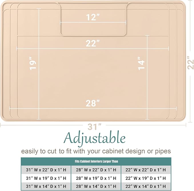 The Original Under Sink Mat - Silicone Waterproof mat, Adjustable, Easy to Clean, Kitchen Cabinet Liner, Disifenction Surface - 31" x 22" or Smaller (Beige, 31" x 22")