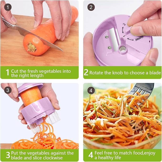 3 in 1 Vegetable Spiralizer Slicer, Adjustable Zucchini Carrot Noodle Maker, Cucumber Spiral Cutter, Easy to Use Kitchen Tool（Pink）