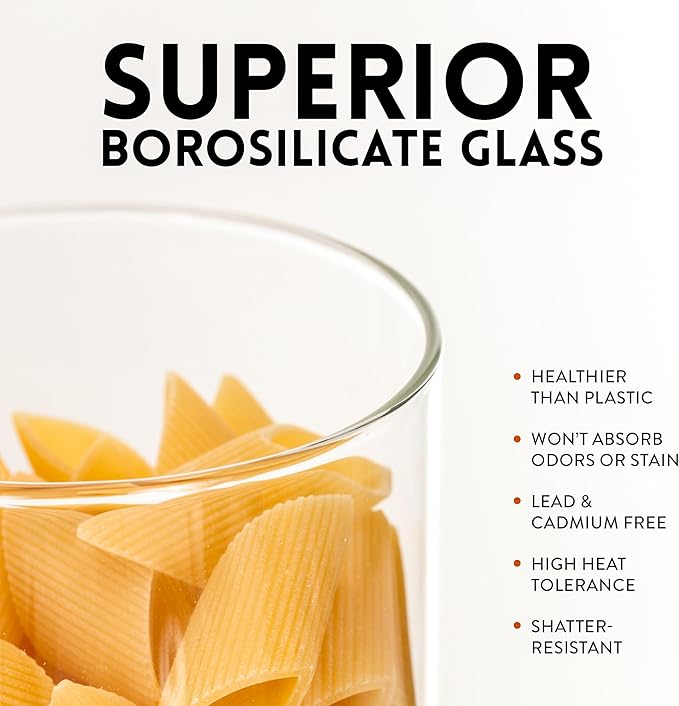 Glass Spaghetti Containers with Airtight Silicone Lids – BPA-Free Pantry Storage Jars for Pasta, Rice, Flour, and Dry Foods – Set of 3 with Portion Tool