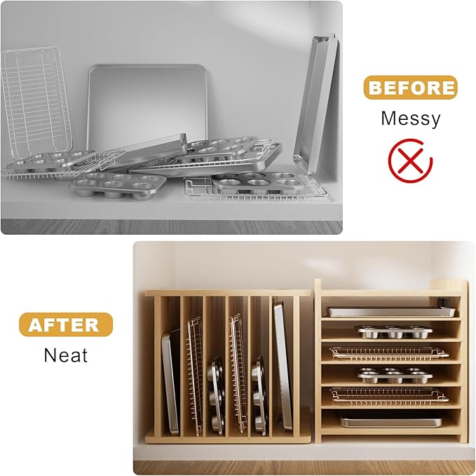 7 Tier Wooden Tray Dividers for Cabinets Cookie Sheet Organizer for Pot, Pans, Baking Tray Organizer for Kitchen Documents Storage(14" W x 16.5" H x 15.2" D)