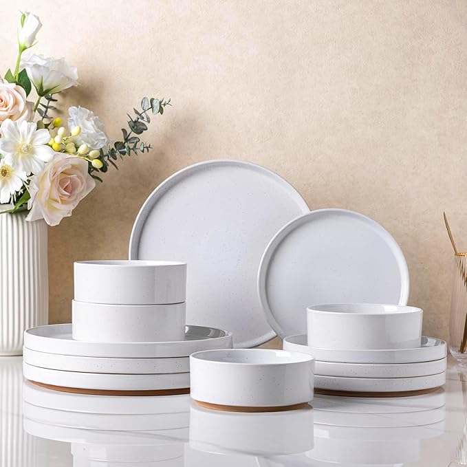 AmorArc Ceramic Dinnerware Set for 4 | Speckled Stoneware Plates and Bowls with unglazed terracotta | Scratch Resistant, Dishwasher & Microwave Safe Dishes Sets- 12-Pcs Milk White