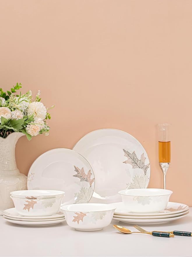 Artistic Bone China Dinnerware Set with Gold Trim, Handcrafted Jingdezhen Design, Glazed Inner Patterns, Service for 4 – Maple Leaf Collection