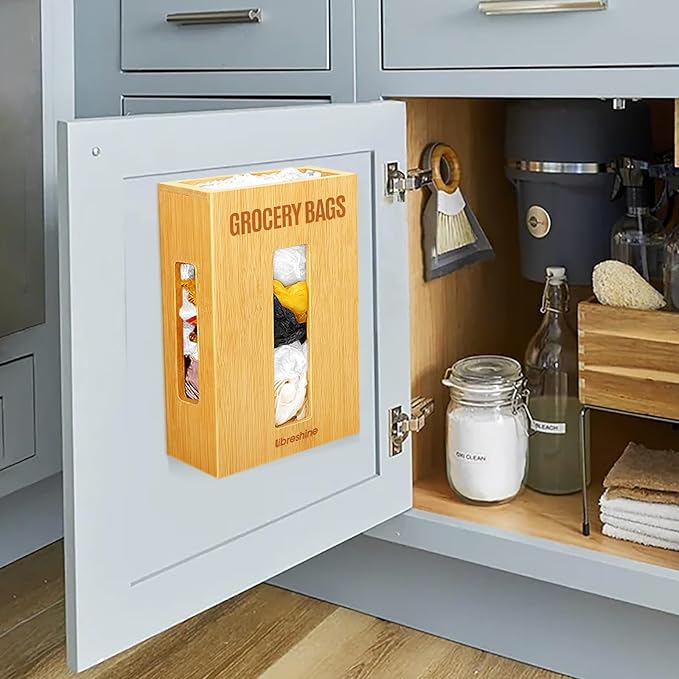 Extra Large Bamboo Grocery Bag Holder & Plastic Bag Organizer, Under Sink Cabinet or Wall Mounted Storage, Space-Saving Dispenser for Kitchen, Pantry, Garage, Laundry Room