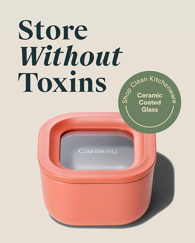 Caraway 6pc Food Storage Container Set - 1.75 Cup Glass Storage Container for Food (6) - Non-Toxic Ceramic-Coated Glass - Air Release Technology - Compact & Stackable Design - Perracotta