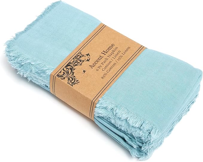 ACCENTHOME Blue Cotton Linen Napkin Set of 6 18x18 inch Dinner Napkins - Washable Soft Premium Hotel Quality Reusable Napkins Perfect Table Napkins for Family Dinners, Weddings & Everyday Use