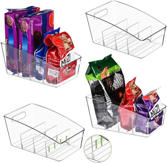 4 Pack Clear Pantry Organizer Storage Bins Removable Snack Organizer Plastic Cabinet Organizers Racks with 3 Dividers, Refrigerator Bins, Kitchen Storage