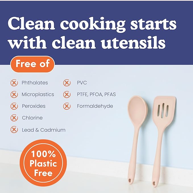 Non-Toxic Platinum Silicone Kitchen Utensil Set of 4 – Non-Scratch Cooking Spoon & Spatula, 100% Plastic Free, Stainless Steel Core, Heat Resistant 500°F, Beige