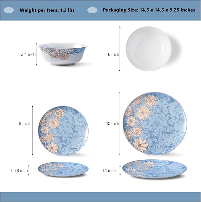 Bone China Plates and Bowels,12-Pieces Dinnerware Sets, Highly Chip and Crack Resistant, Dishwasher & Microwave Safe Dishes Set, Dense and Translucence