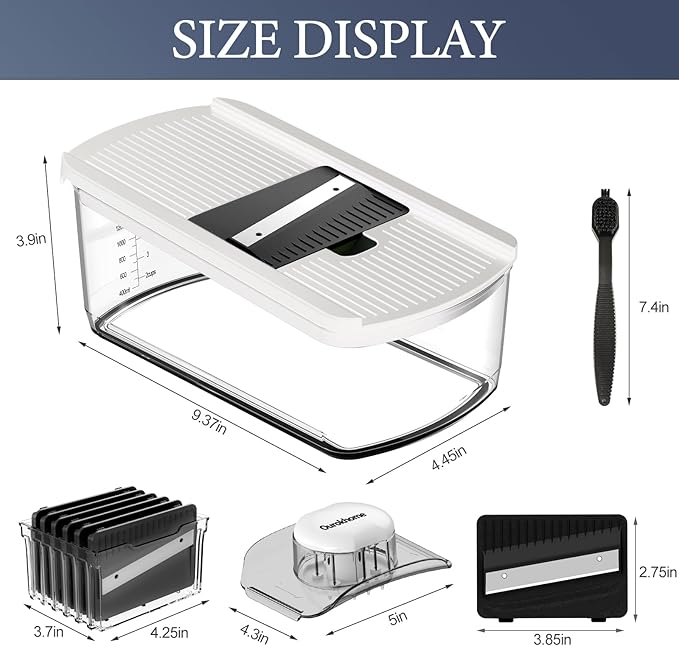 Ourokhome Vegetable Mandolin Slicer, Hand Safe Kitchen Food Shredder with 6 Mandoline Blades, Veggie Waffle Cutter for Potato, Carrot, Zucchini, Onion, Essential Kitchen Gadgets (6 in 1, White)