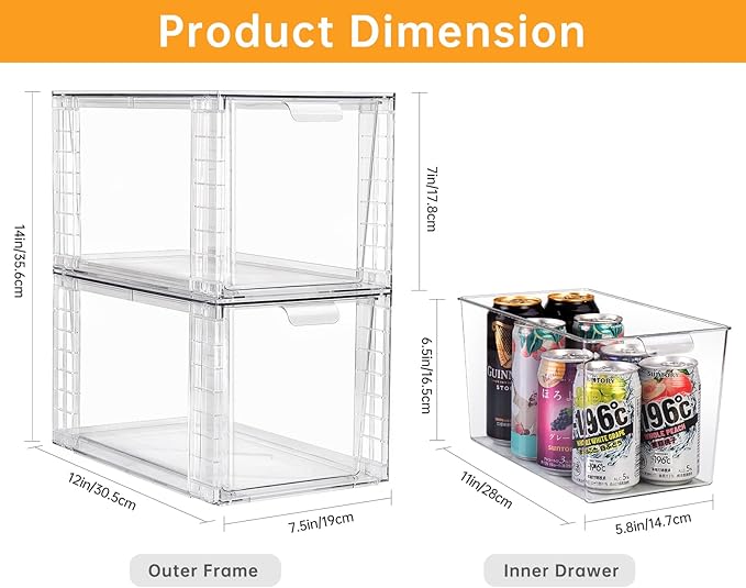 4Pack Large Stackable Storage Drawers,Clear Acrylic Organizers with Handle,Easily Assemble for Kitchen Undersink,Bathroom,Cabinet,Makeup,Closet,Medicine,Pantry Organization Bins