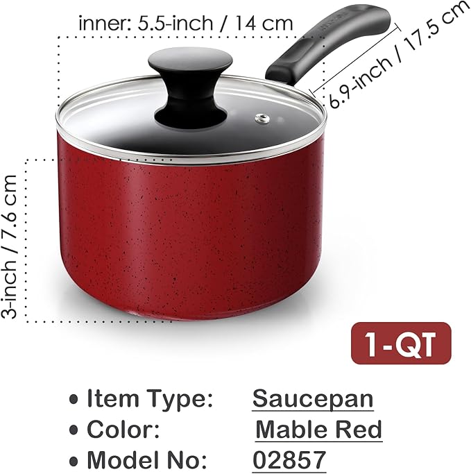 Cook N Home Non Stick Sauce Pan, 1 Quart Saucepan with Glass Lid, Nonstick Small Multi-purpose Pot, Milk Chocolate Aluminum Cooking Pot Pan with Stay-Cool Handle, Marble Red