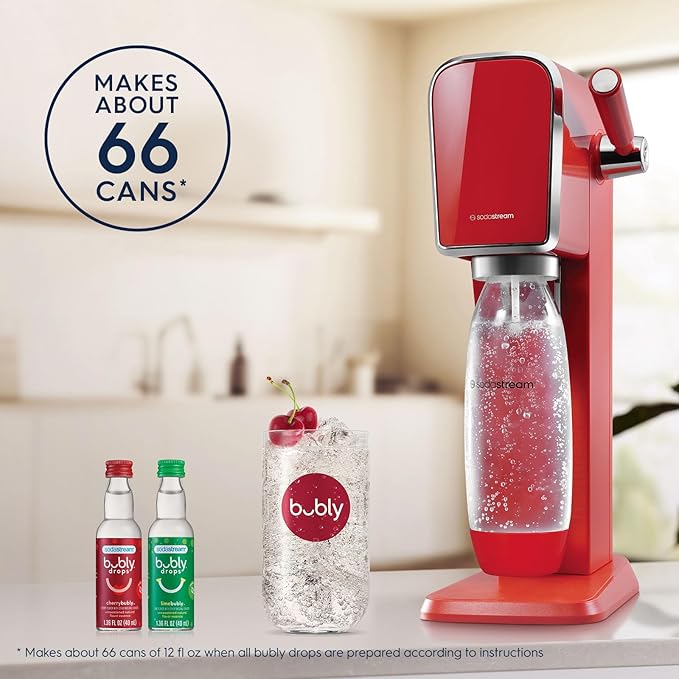 SodaStream - ART Sparkling Water Maker | VALUE BUNDLE | CQC CO2 system | Includes 2x CO2 Cylinders, 2x 32 Fl Oz Dishwasher Safe Bottles, 2x Bubly Flavor Drops | Combine with Flavors | Mandarin Red