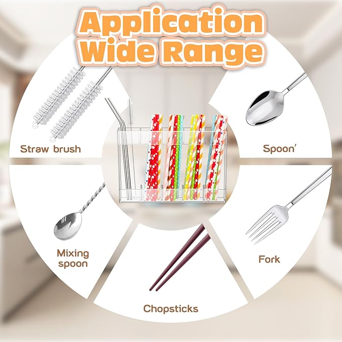 9.5" Acrylic Straw Holder with Double Sided Adhesive and Stickers,Reusable Straws Organizer Storage Dispenser for Counter Cabinet Cupboard Kitchen Door (Transparent)