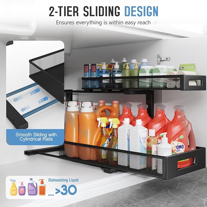 1 Pack 20.47IN Depth Under Sink Storage Organizer, Large 2-Tier Elegant Mesh Pull Out Shelf for Kitchen and Bathroom Cabinet Organization, L-Shaped and Adjustable Height Design-Black