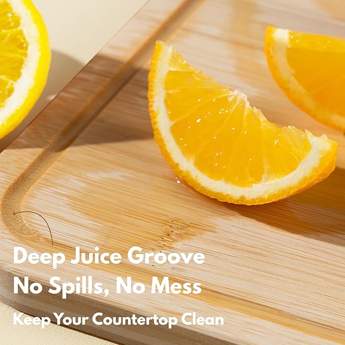 Aged Bamboo Cutting Board for Kitchen, Double-Sided Reversible with Juice Groove, Thick Durable, Standing Design for Fruits Meat Vegetables, Set of 2