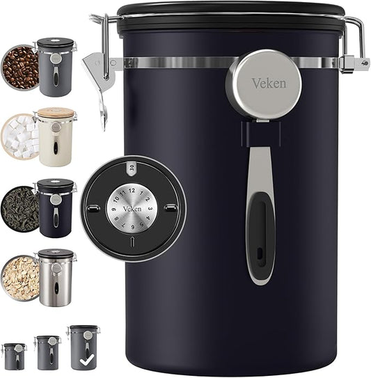 Veken Coffee Canister, 39OZ Large, Airtight Stainless Steel Food Storage Container for 2.2lbs Coffee Beans, Ground, Sugar, Tea, Flour, Cereal, Kitchen Bar Accessories with Date Tracker & Scoop, Black