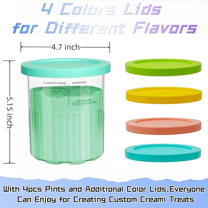Compatible with Ninja NC500 NC501 Creami Deluxe Pints,24oz Creami Deluxe Containers,Ninja Creami Deluxe Pints and Lids 4 pack, Ninja Creami Deluxe Pint,Creami Deluxe Pint Containers