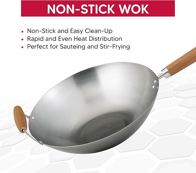 Helen's Asian Kitchen Wok, Carbon Steel and Bamboo, 14-Inches