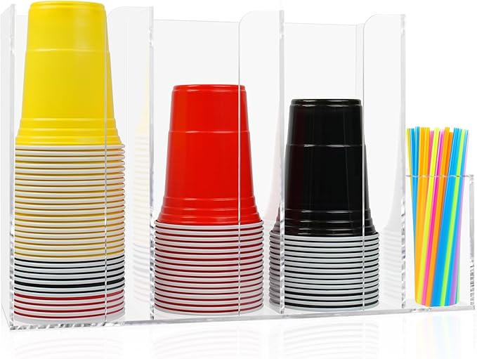 4 Compartments Acrylic Cup and Lid Holder, Clear Disposable Coffee Cup Holder Organizer,Cup Dispenser for Kitchen Bar Shop Party Supplies