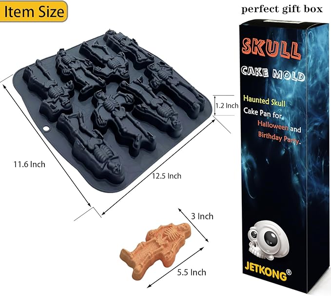 JETKONG 8 Cavity Skeleton Baking Mold Skeleton Shaped Cakelet Mold Silicone Skull Baking Pan Molds (Black)