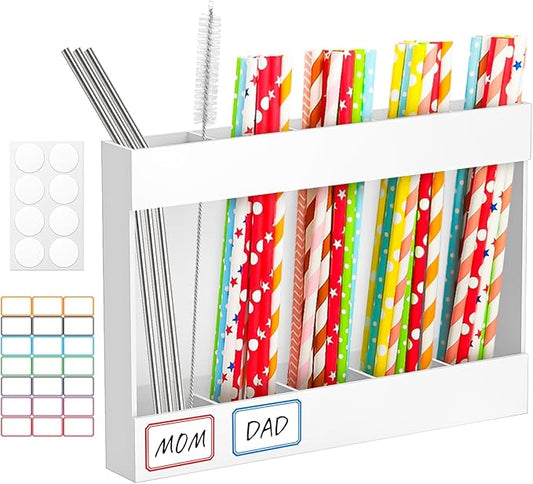 9.5" Acrylic Straw Holder with Double Sided Adhesive and Stickers,Reusable Straws Organizer Storage Dispenser for Counter Cabinet Cupboard Kitchen Door (White)