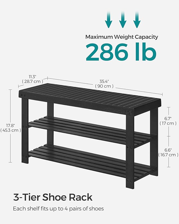 SONGMICS Shoe Rack Bench, 3-Tier Bamboo Shoe Storage Organizer, Entryway Bench, Holds Up to 286 lb, 11.3 x 35.4 x 17.8 Inches, for Entryway Bathroom Bedroom, Ink Black ULBS90B33
