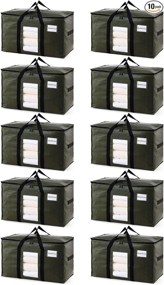 TAILI 10 Pack Green Extra Large Storage Bags, Heavy Duty Totes with Visible Window, Wrap Around Handles, Perfect for Moving