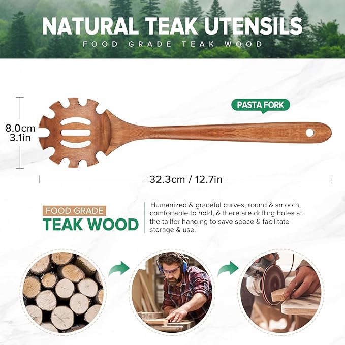 Wooden Pasta Spaghetti Spoon with Teeth, Teak Slotted Pasta Spaghetti Strainer Spoon for Cooking Serving Collecting, Wooden Pasta Fork Server Utensil with Claws, Wood Noodle Strainer,12.8″, Brown