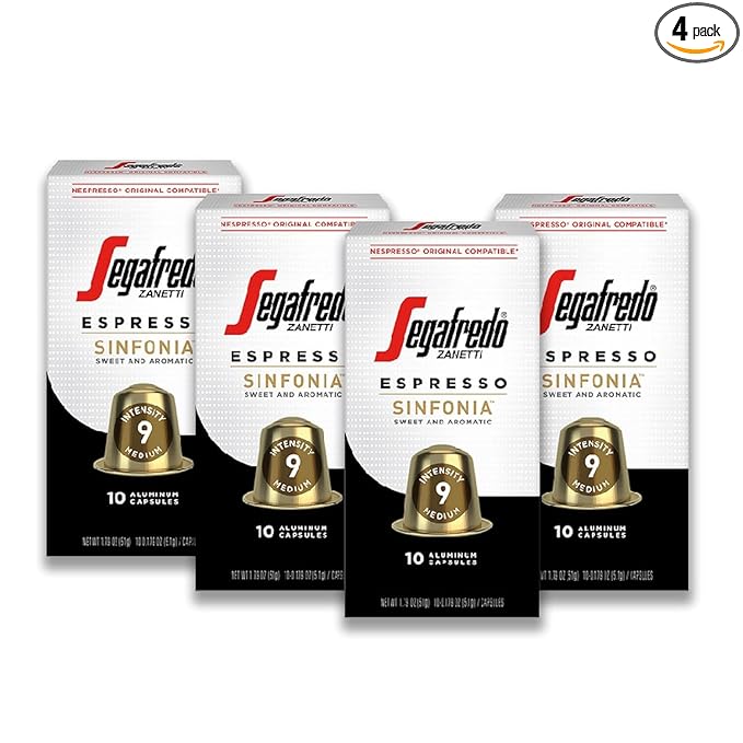 Segafredo Zanetti Espresso Capsules – Aluminum Pods for Nespresso Original Machines – Medium Roast Premium Espresso with a Sweet Aroma – Subtle, Intensity 9 – Sinfonia, 10 Count (Pack of 4)