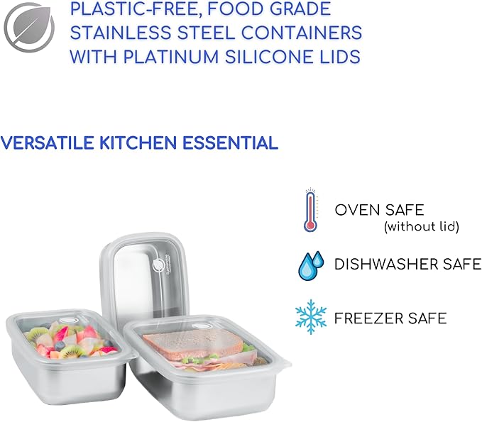 Stainless Steel Food Storage Containers with Clear Platinum Silicone Lids, Airtight, Leakproof 18/8 (304) Food Grade SS Nested 3Pk 20/30/40 oz Plastic-Free