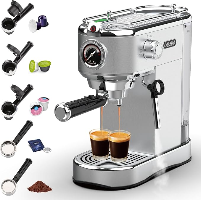 20-Bar Espresso Machine & Coffee Machine – Compatible with Nespresso, Keurig K Cup – Hot & Cold Brew, Milk Frother, Stainless Steel – 10 oz Espresso Cup - Latte Machine & Cappuccino Machine