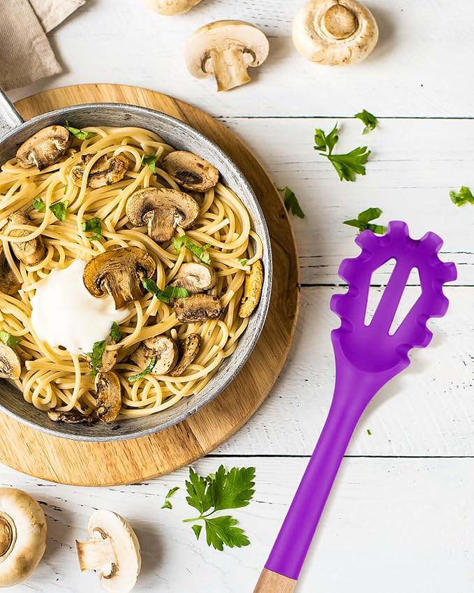 Silicone Pasta Fork, Kitchen Heat Resistant Noodle Spoon Server, BPA Free Spaghetti Strainer,12.8 inch (BERRY)