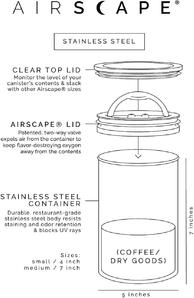 Planetary Design Airscape Stainless Steel Coffee Canister | Food Storage Container | US Patented Airtight Lid | Push Out Excess Air Preserve Food Freshness (Small, Matte White)