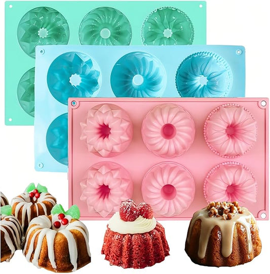 3pcs Mini Bundt Cake Pan,6-Cavity Fluted Tube Cake Pan,Silicone Cupcake Molds for Baking, Nonstick Cupcakes Mold for chocolate/Brownie/Jello