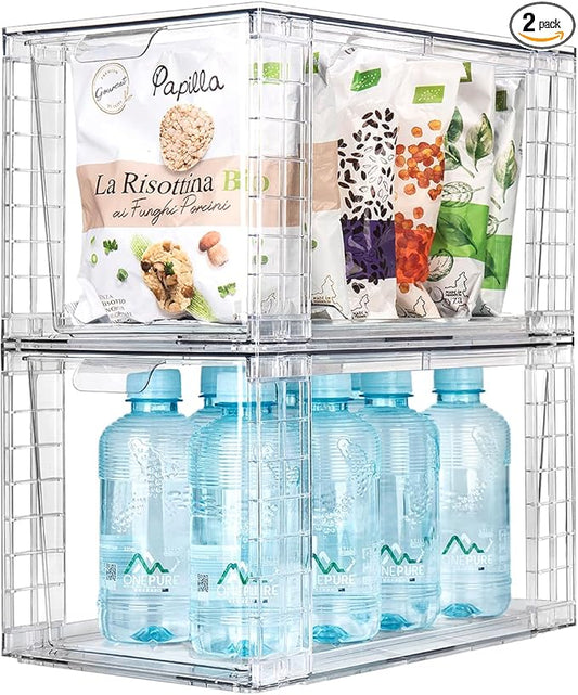 2Pack Large Stackable Kitchen Storage Drawers, Clear Foods Organizer Bins with Handles, Easily Assemble for Bathroom, Kitchen, Pantry, Cabinet, Closet(XL-UP Handle)