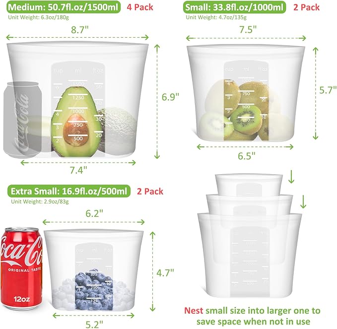 Reusable Storage Bag, 8 Pack 100% Silicone Food Storage Bags Stand Up Silicone Zip Lock Bags for Food Container, Freezer Microwave Oven Dishwasher Safe, 4 Medium 2 Small 2 Extra Small, Translucent