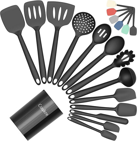 Coukre Silicone Kitchen Cooking Utensils Set with Holder – Heat-Resistant, Food-Grade Kitchen Tools, Spatula, Spoon & Gadgets for Non-Stick Pans, Dishwasher Safe (14, PureBlack)