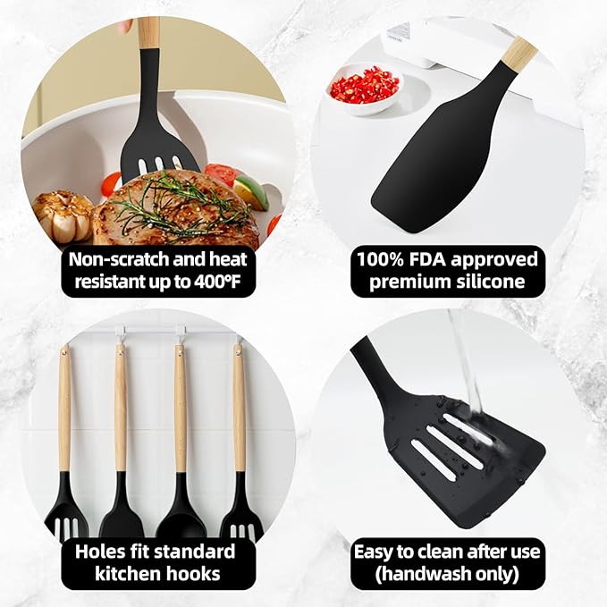 12-Piece Silicone Kitchen Utensils Set with Wooden Handle, Non-Stick & Heat Resistant Cooking Utensils (446°F), Includes Spatula, Spoon, Turner, Tongs, Whisk, Great for Home Cooks-Black
