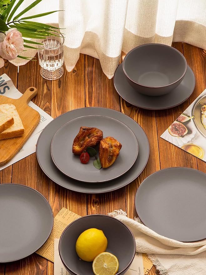 Famiware Venus Plates and Bowls Sets, 18 Pieces Stoneware Dinnerware Sets, Speckled Dishes Set for 6, Microwave and Dishwasher Safe, Matte Dark Grey