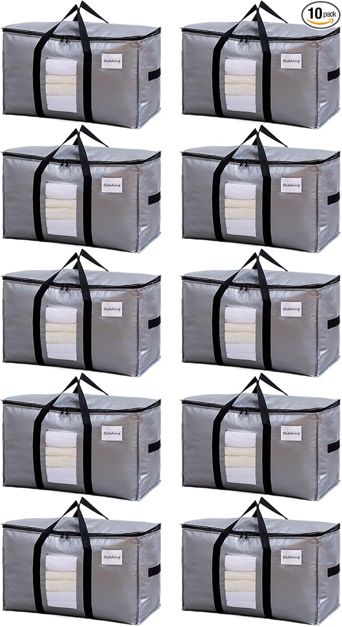 TAILI Extra Large Moving Bags, 10 Pack Silver Heavy Duty Totes for Storage with Visible Window, Wrap Around Handles, Storage Bags for Space Saving, Alternative to Moving Boxes