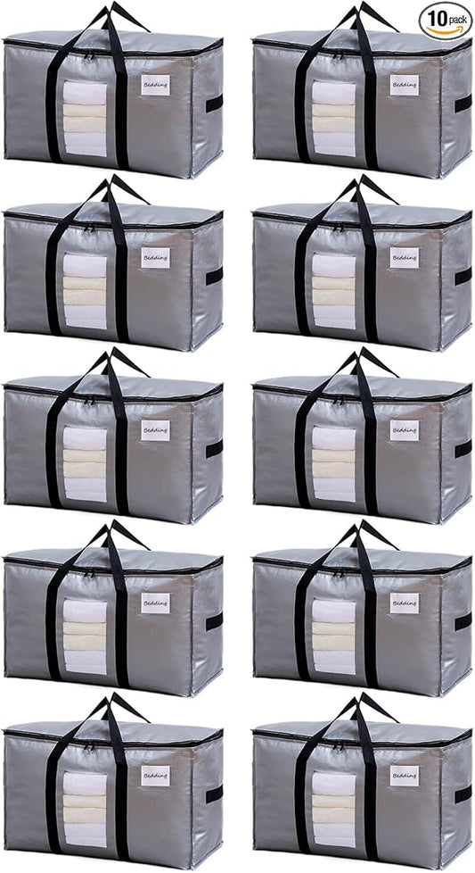 TAILI Extra Large Moving Bags, 10 Pack Silver Heavy Duty Totes for Storage with Visible Window, Wrap Around Handles, Storage Bags for Space Saving, Alternative to Moving Boxes