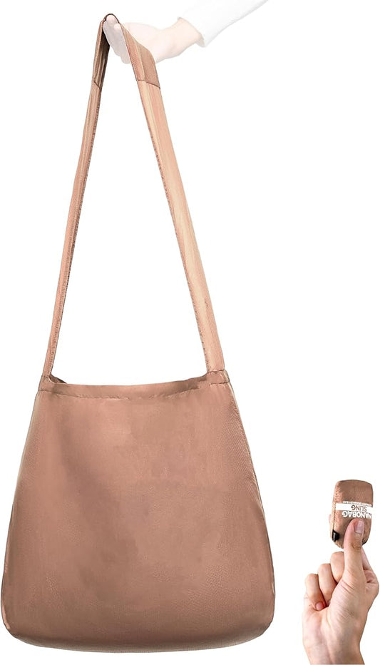 Nanobag Ultra-Lightweight Foldable Sling for Women & Men, Reusable Grocery & Travel Bag, Packable Collapsible Compact Market Crossbody (Sling Mocha)