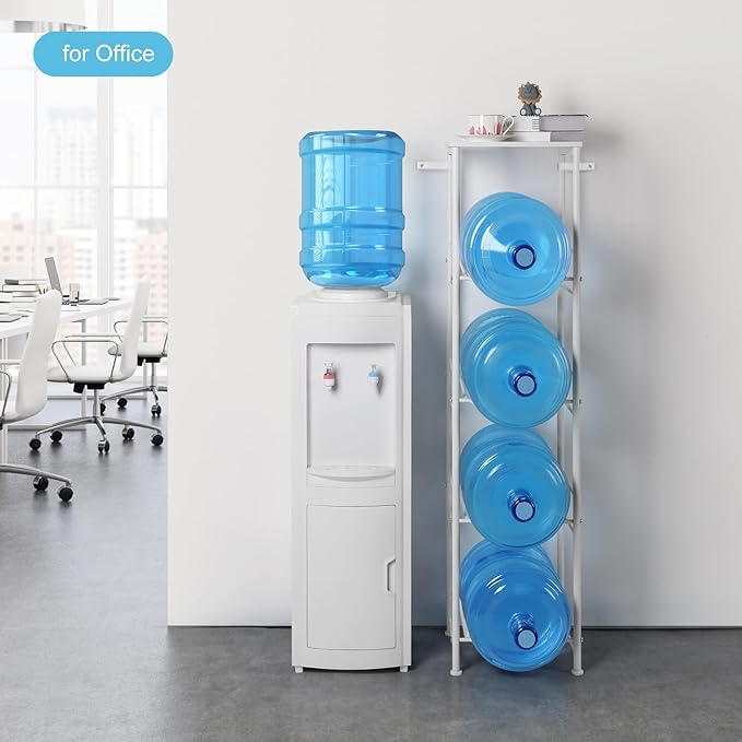 Vrisa 5 Gallon Water Jug Holder with Storage Shelf Water Bottle Holder Organizer 4 Tier 3/5 Gallon Water Jug Stand Rack Heavy Duty Water Dispenser Rack for Home Office Kitchen, White