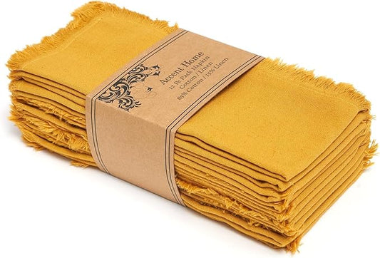 ACCENTHOME Mustard Cotton Linen Napkin Set of 12 18x18 inch Dinner Napkins - Washable Soft Premium Hotel Quality Reusable Napkins Perfect Table Napkins for Family Dinners, Weddings & Everyday Use