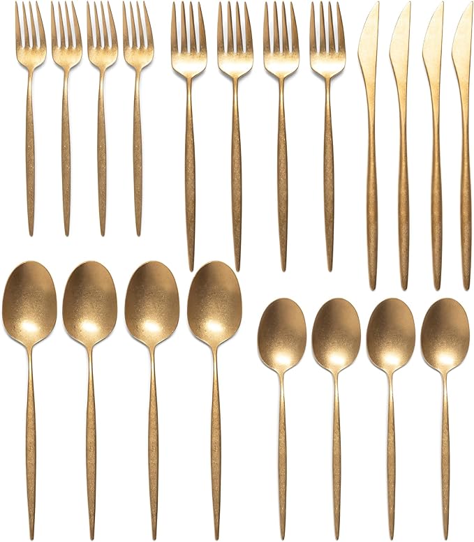 Luxury Vintage Flatware 20-Piece Set – Service for 4, Premium Stainless Steel with Weighted Handles, Aged Heirloom Finish, Dishwasher Safe, Elegant and Modern Cutlery (Vintage Gold)