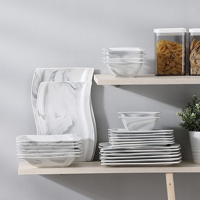 MALACASA Square Dinnerware Sets, 26-Piece Marble Grey Plates and Bowls Sets, Porcelain Dinner Set Microwave Safe, Kitchen Dinnerware Plates Set, Dishes and Bowls, Dish Set for 6, Series Flora